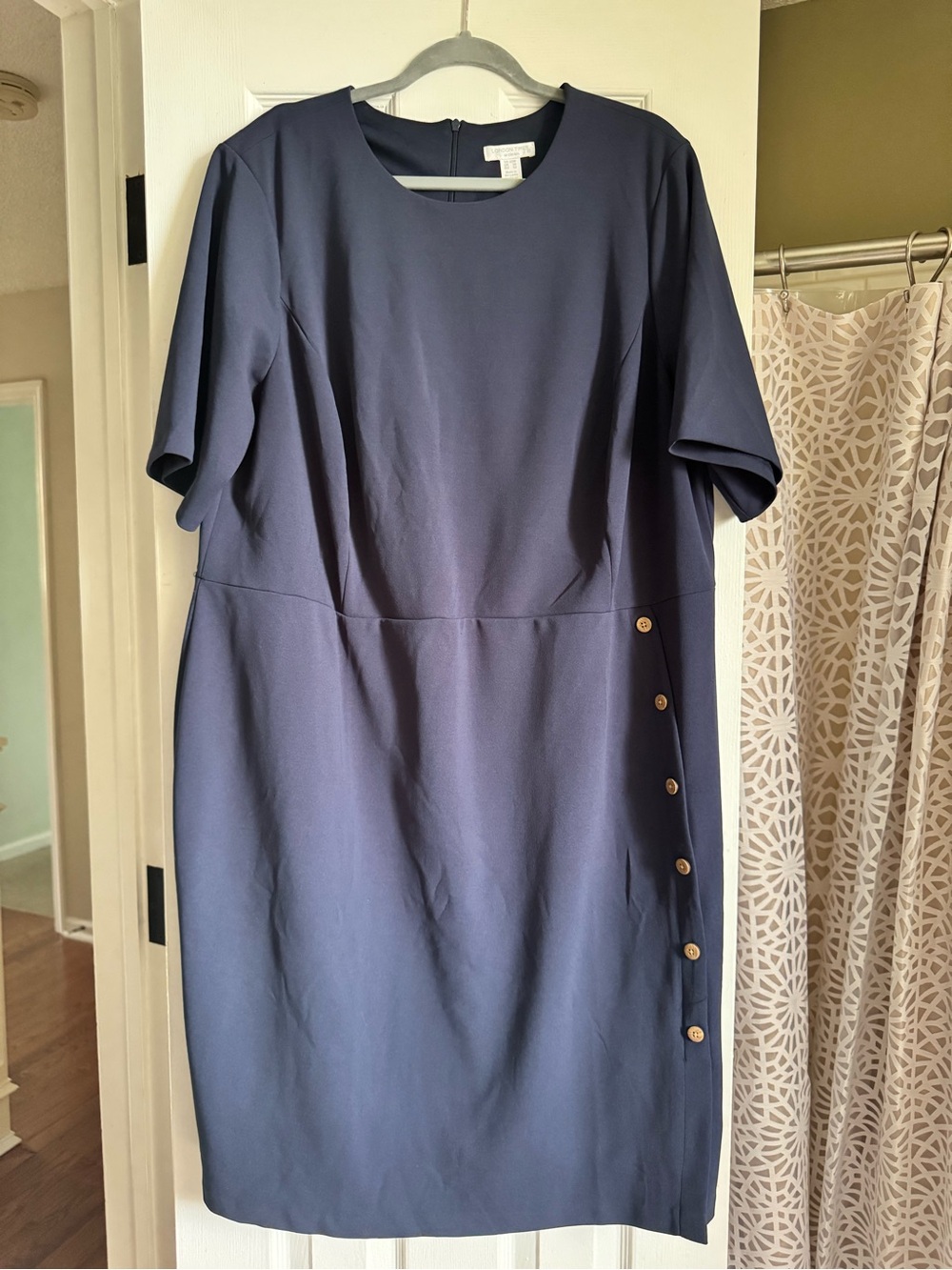 London Times Navy Short Sleeved Sheath Dress with Faux Button Detail
